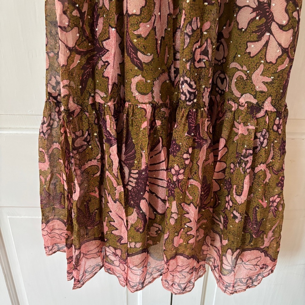 Ulla Johnson RARE Celestia Floral Batik Print Midi Dress Olive Ruffl Silk Size 6 - Picture 7 of 17